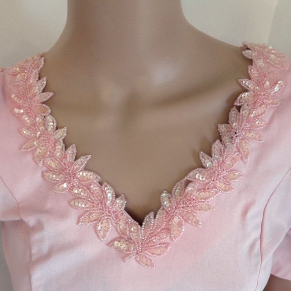Laura Ashley Pink Bead Embellished Party Dress. Deep V-Neck, Low Back. Waist Bow - Picture 2 of 12
